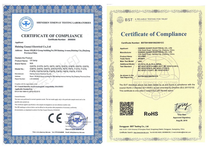 certification of GPH287T5L UVC lamp for surface disinfection