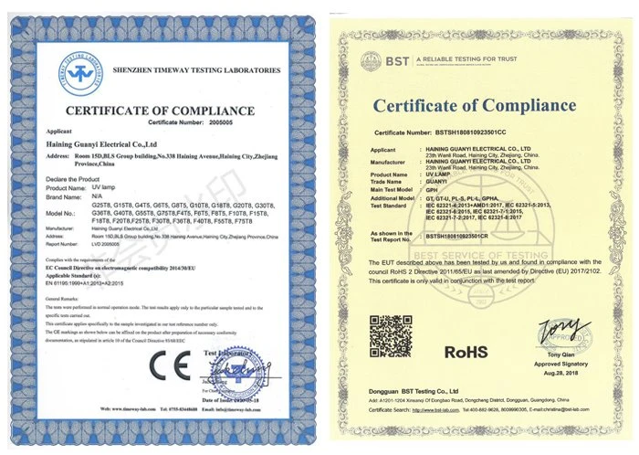 certification of T8 15W BL 365nm UVA light bulb certification of T8 15W BL 365nm UVA light bulb